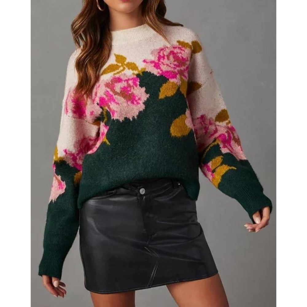 VICI Rose Floral Colorblock Knit Oversized Sweater Green Medium